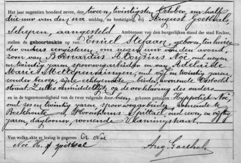Birth certificate of Emiel Stefaan Noë