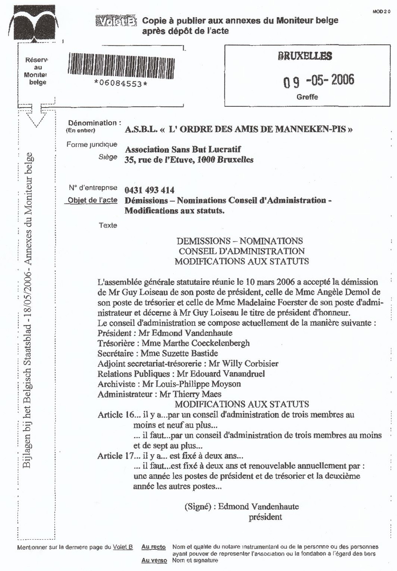 Annexes au Moniteur Belge