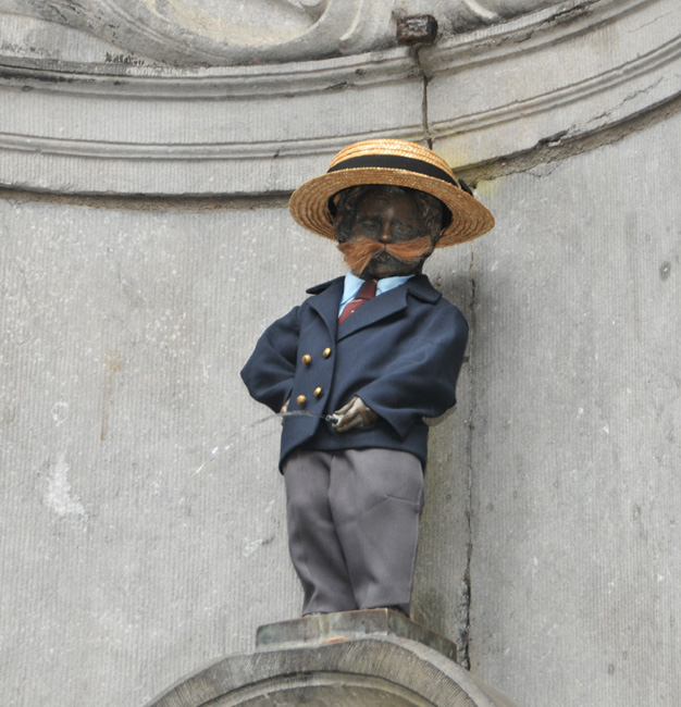 Manneken Pis wearing his Antwerp Moustache Men costume