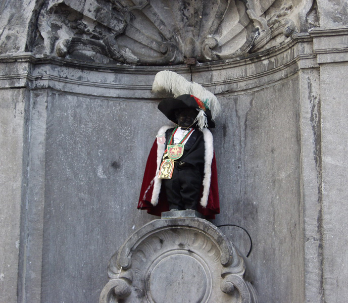 Manneken Pis in his St. Michael's suit.