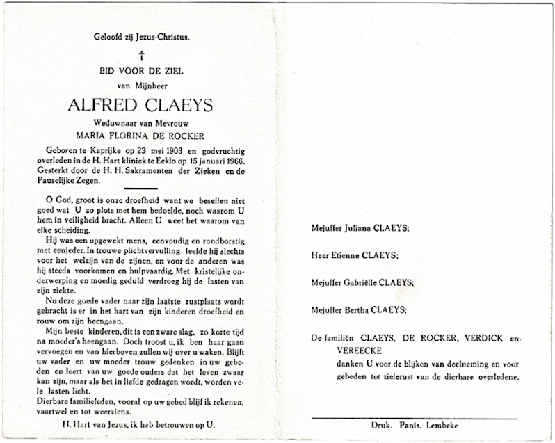 Bidprentje van Alfred Claeys.