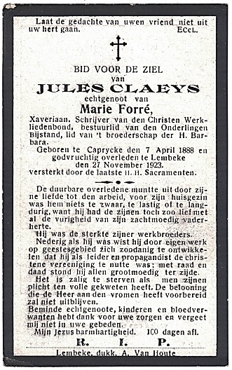 Bidprentje van Jules Claeys.