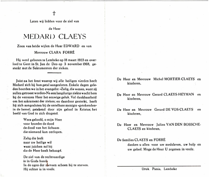 Bidprentje van Medard Claeys