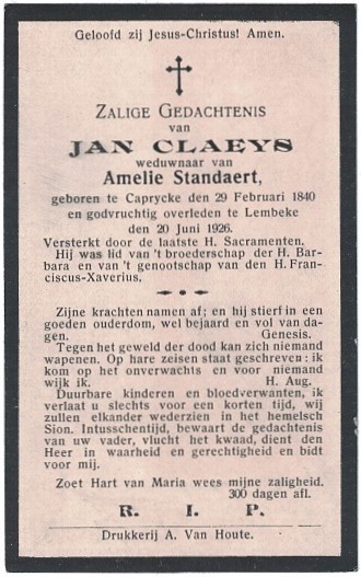 Bidprentje van Jan Claeys