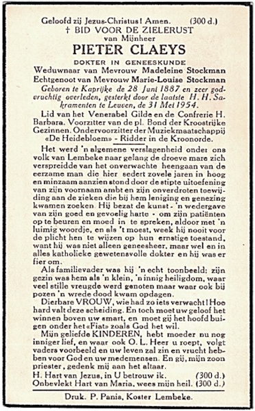 Bidprentje van Pieter Claeys