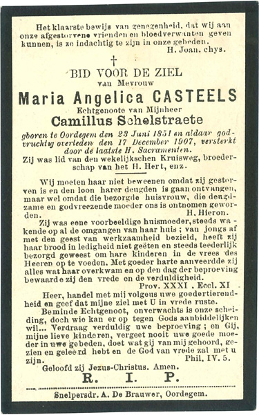 Maria Angelica Casteels, bidprentje