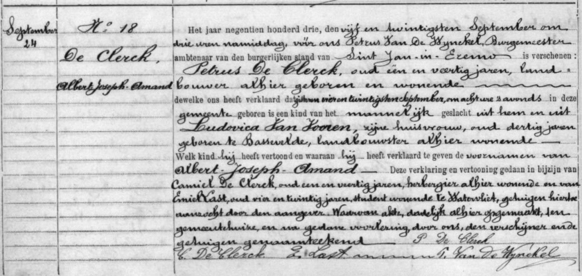 Acte de naissance de Albert Joseph Amand De Clerck