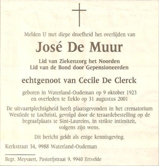 Overlijdensbericht van José De Muur