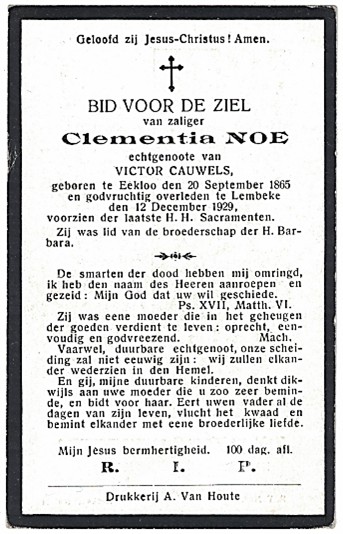 Bidprentje van Clementia Noë.