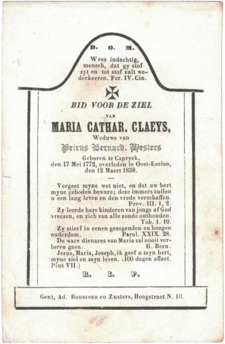Bidprentje van Maria Catharina Claeys verso