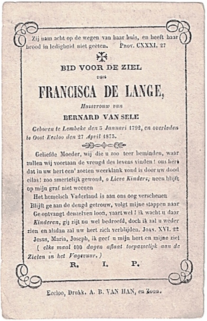 Bidprentje van Francisca De Lange
