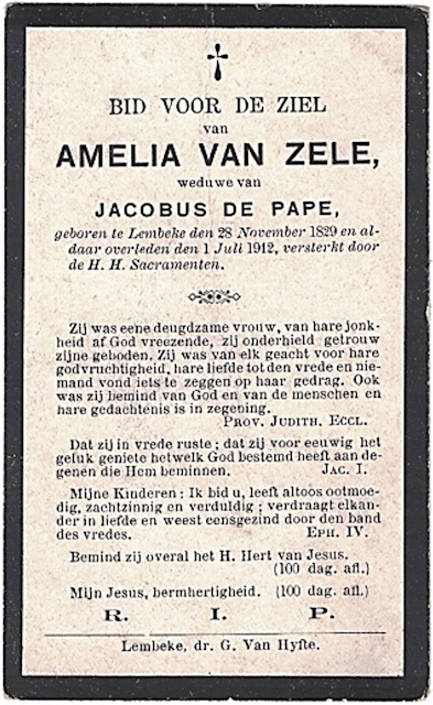 Bidprentje van Amelie Van Zele.