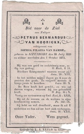 Bidprentje van Petrus Bernardus Van Hoorickx